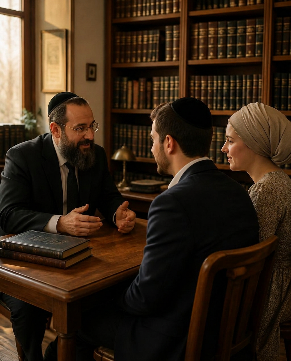 A rabbi mentoring a young couple in a study